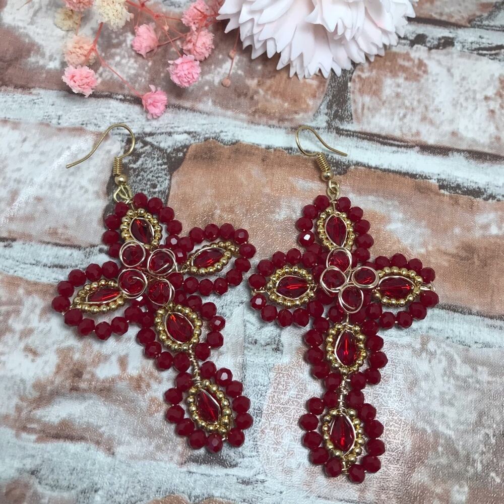 14K Gold Filled Handmade Elegant Red Crystal Glass Beaded Cross Earrings 3.5"